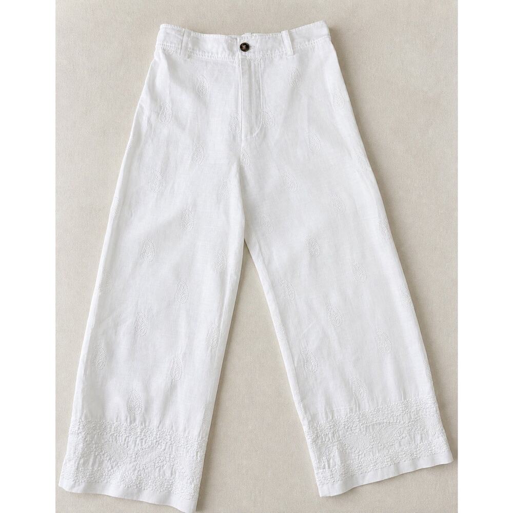 ZARA White Embroidered Linen Blend Wide Leg Pants High Rise Cropped Boho Size M